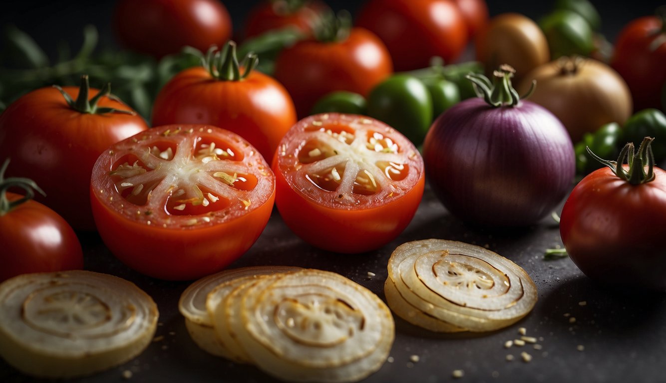 Tomatoes and onions being air fried, emitting savory aroma and sizzling sounds. Nutritional labels displayed nearby