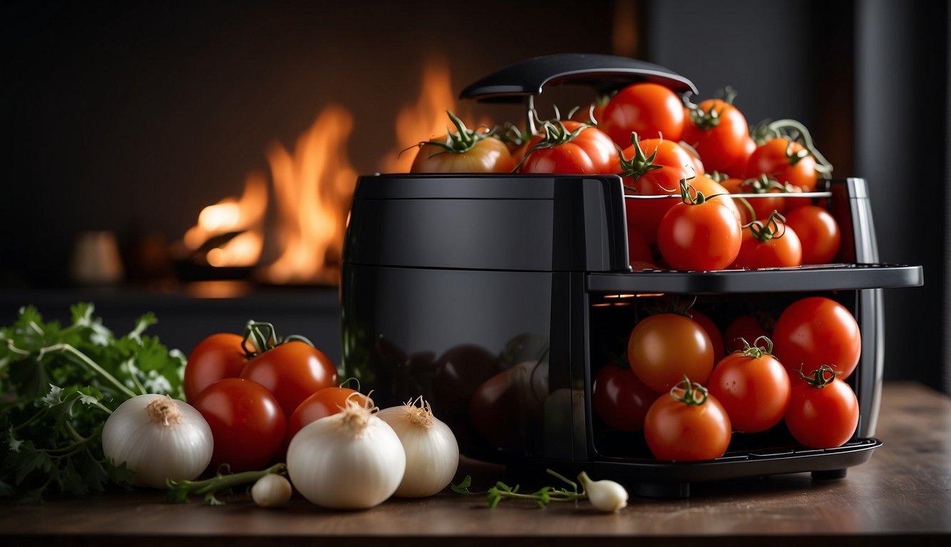 Tomatoes and onions placed in air fryer, then stored and reheated