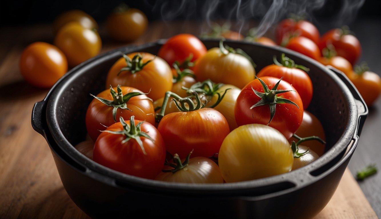 Tomatoes and onions sizzling in an air fryer, emitting a savory aroma. The tomatoes are turning golden brown while the onions are caramelizing, creating a visually appealing contrast of colors and textures
