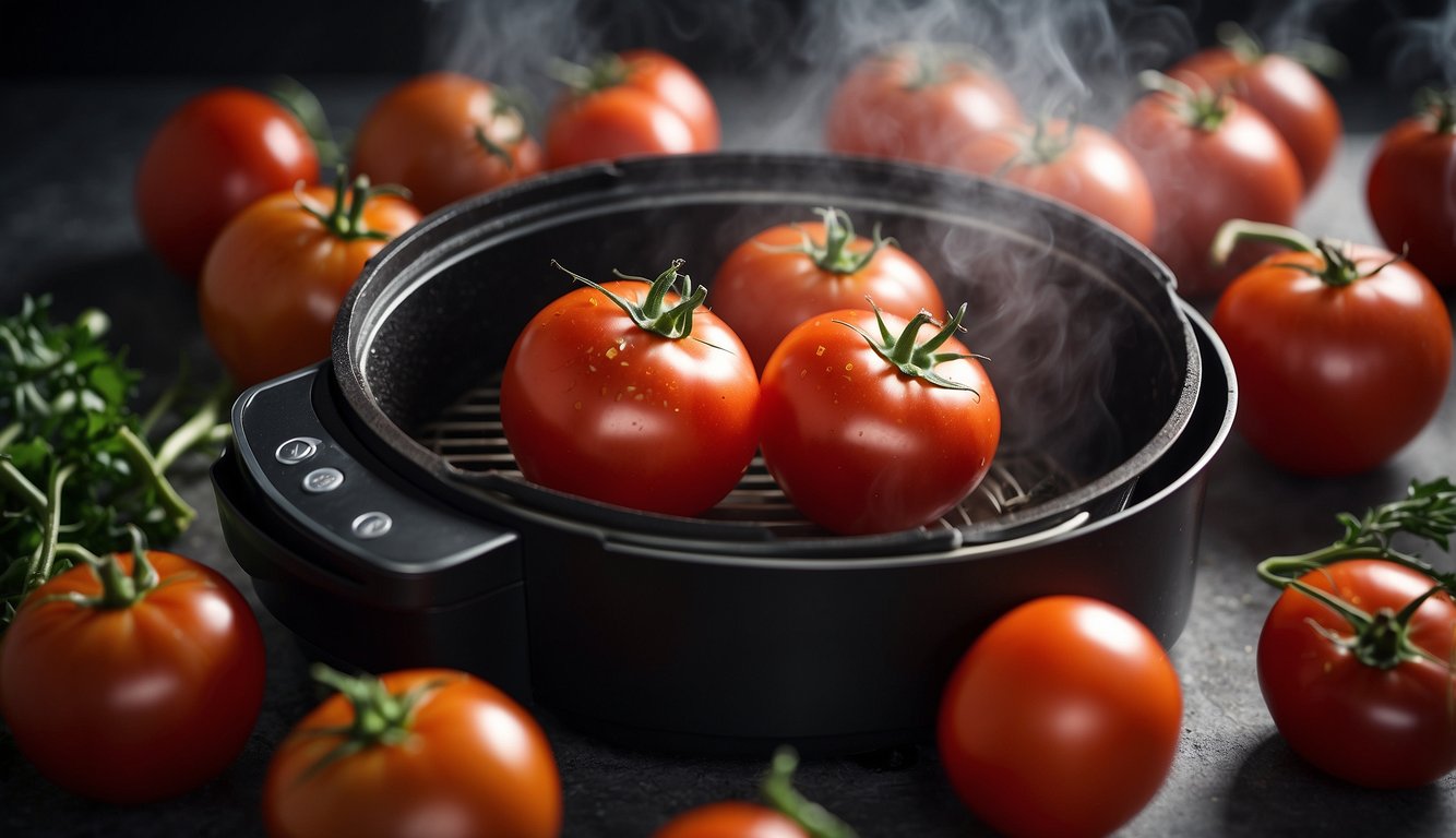 Tomatoes and onions sizzling in an air fryer, emitting aromatic steam