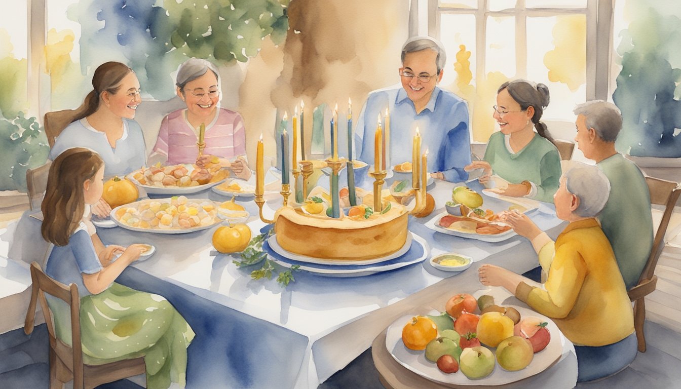 A table adorned with menorahs, dreidels, and traditional foods.</p><p>Families gather, lighting candles and exchanging gifts.</p><p>Laughter and joy fill the air