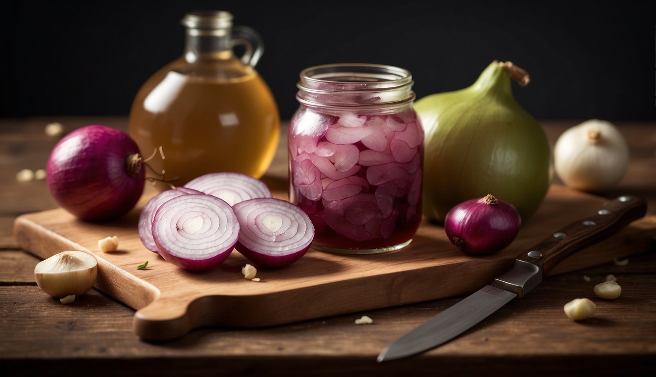 Pickled onions sit on a wooden cutting board next to a jar of vinegar. A knife is nearby, and a keto diet book is open to a page about pickled foods