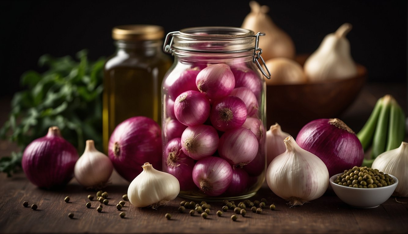 A jar of pickled onions surrounded by garlic, peppercorns, and vinegar