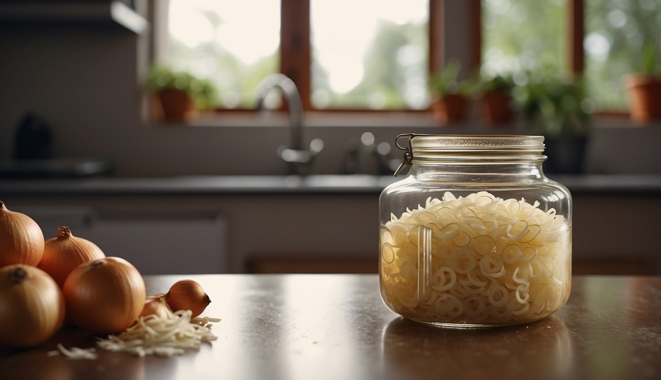 A jar of sliced onions sits on a countertop. A hand pours a mixture of vinegar, salt, and sweetener into the jar