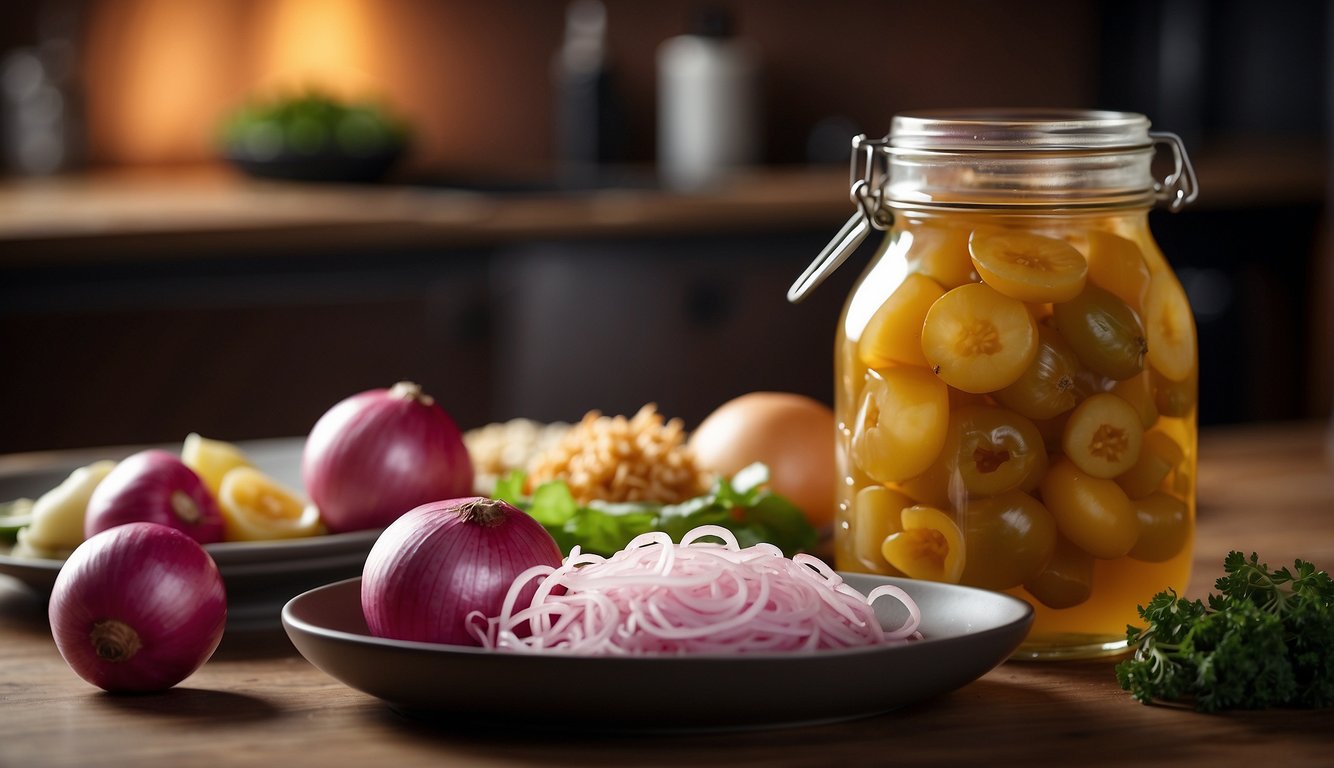 A jar of pickled onions sits next to a plate of keto-friendly foods, adding a tangy and flavorful touch to the meal