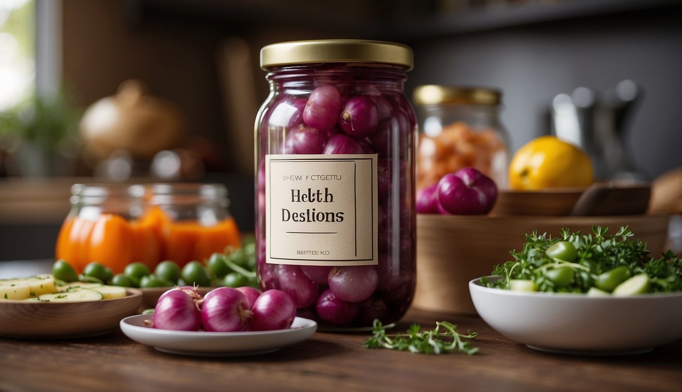 A jar of pickled onions sits next to a keto-friendly food spread, with a label listing health benefits and considerations