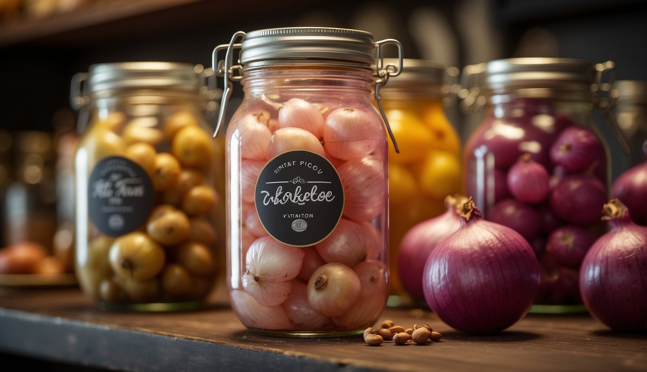 Pickled onions in jars on shelves, surrounded by vinegar and spices. Labels indicate keto-friendly ingredients