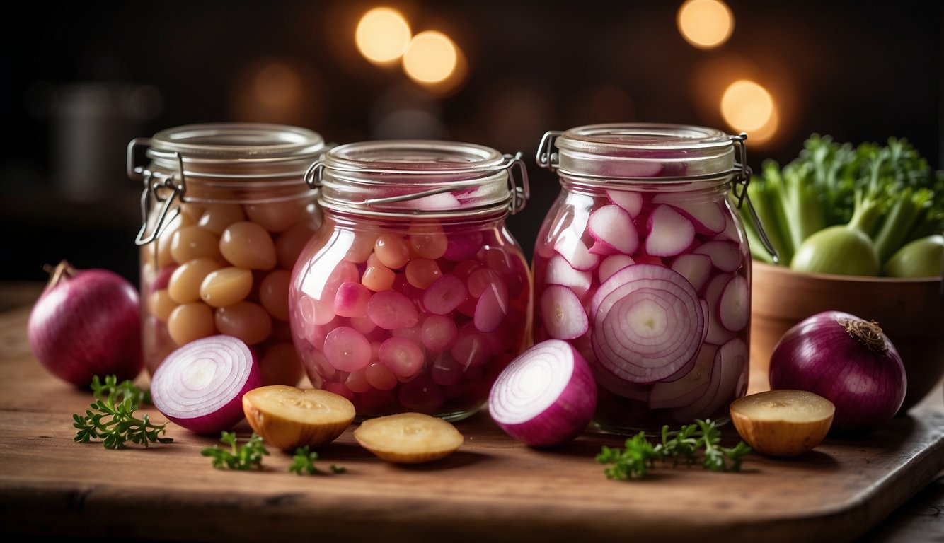 A jar of pickled onions surrounded by low-carb ingredients and keto-friendly serving ideas