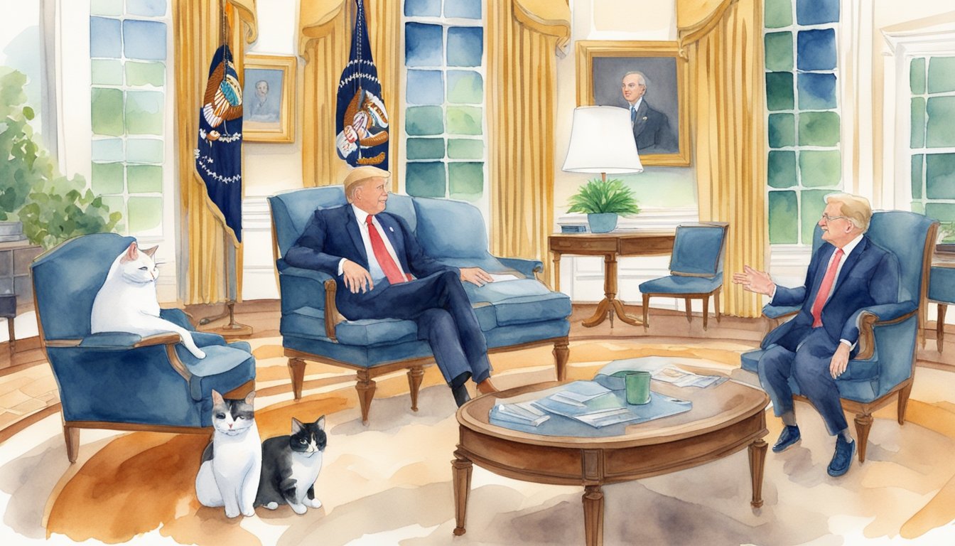 Two cats playfully interact with the First Family, lounging in the Oval Office and sitting in the president's lap