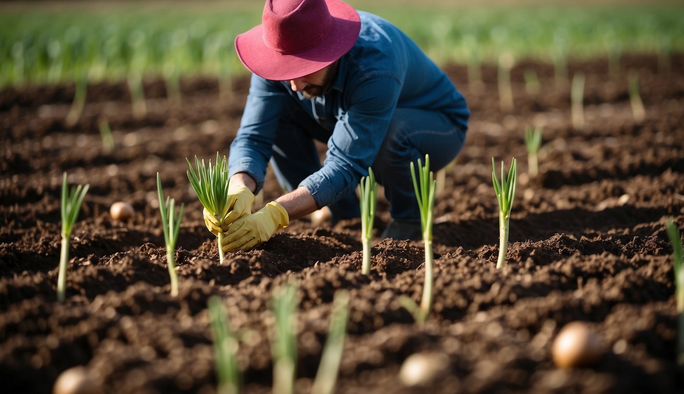 Onions being divided and replanted in rows, with bulbs and green shoots visible