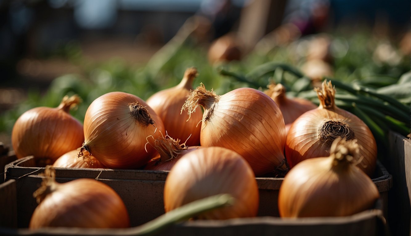 Onions being harvested and stored in various containers
