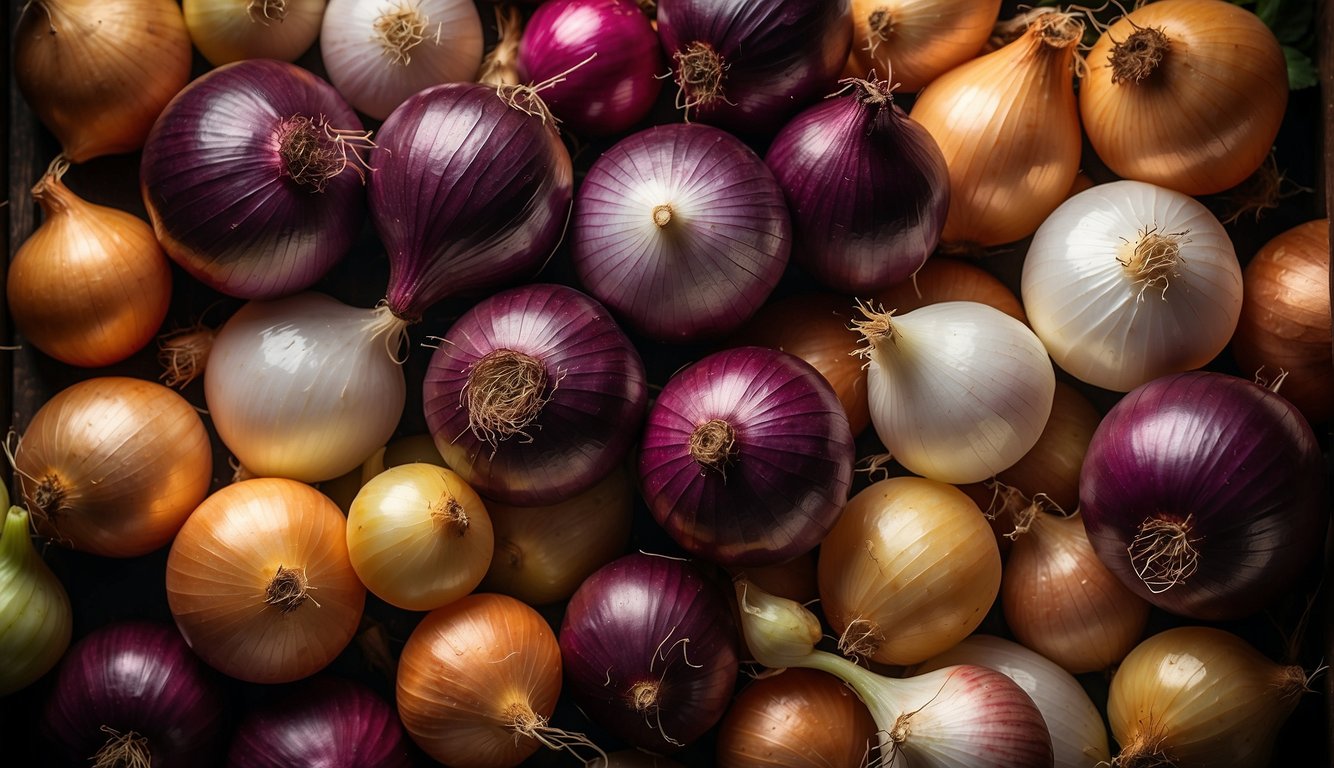 Multiple types of multiplying onions arranged in a colorful array, showcasing their varying sizes, shapes, and colors