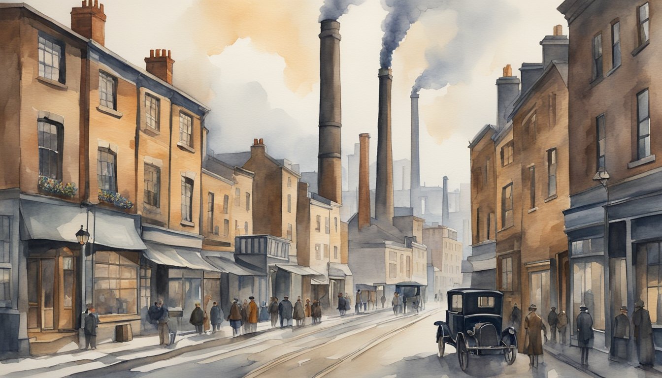 The scene features 1920s industrial cityscape, with smokestacks and cobblestone streets.</p><p>The architecture is a mix of Victorian and Art Deco styles, reflecting the historical accuracy and inspiration of the Peaky Blinders era