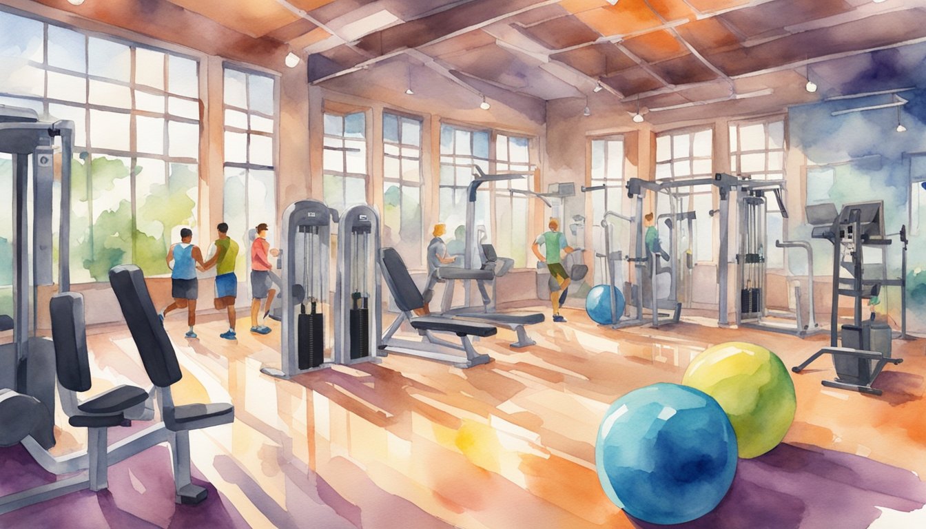 A vibrant gym setting with a bottle of creatine-infused pre-workout prominently displayed, surrounded by exercise equipment and energetic individuals