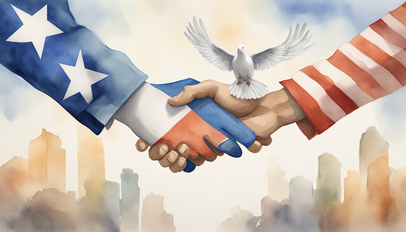 A dove flies over a handshake between two nations' flags, symbolizing the positive outcomes and influence of the Israel peace treaty