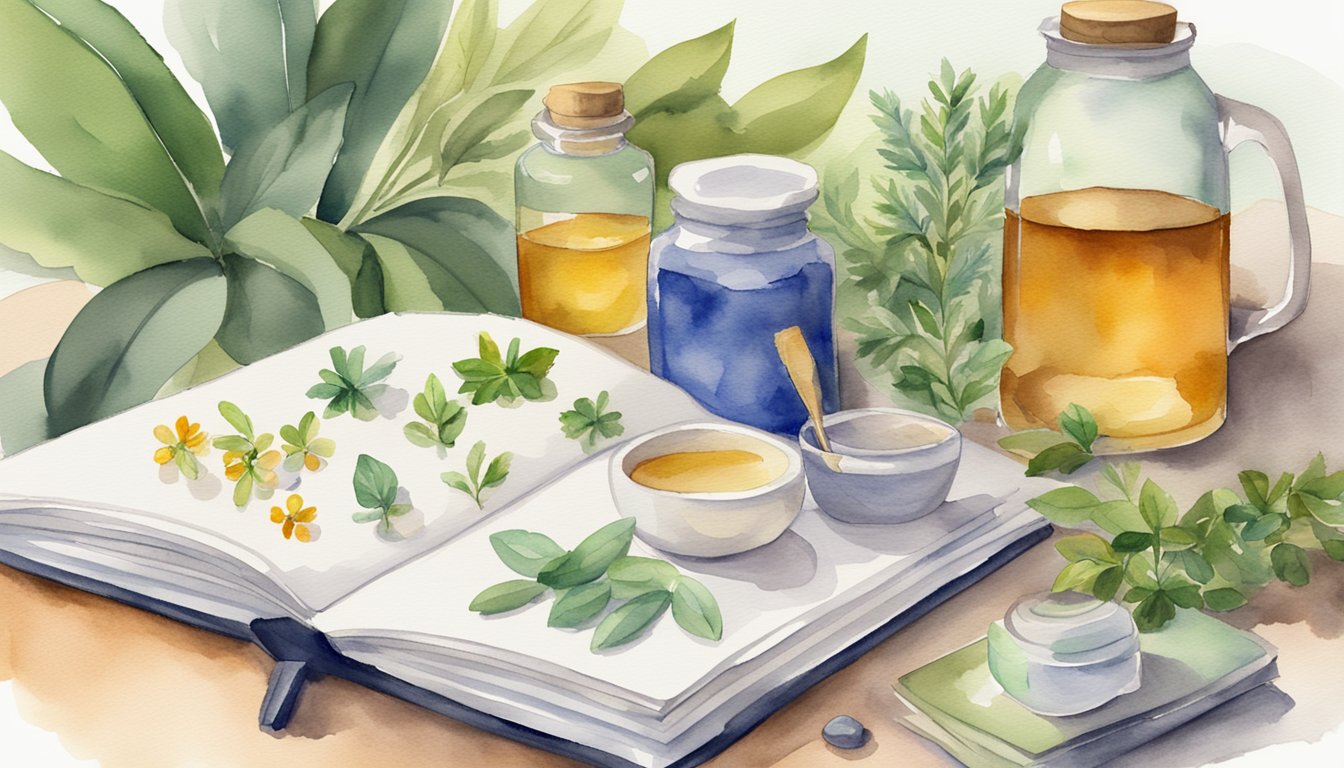 A bottle of medication sits on a table, surrounded by herbal remedies and a cup of tea.</p><p>A notebook filled with treatment plans and management strategies lies open next to it