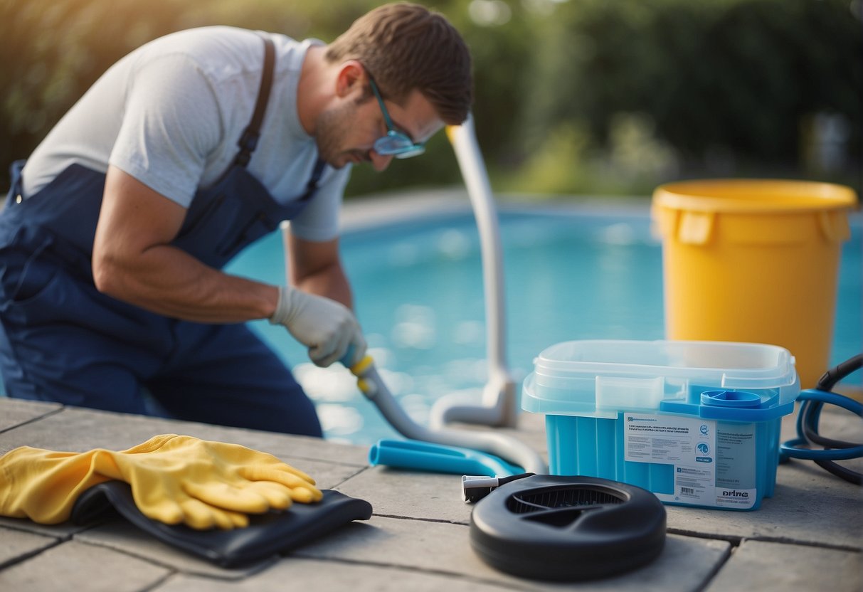 A person is cleaning and repairing a swimming pool, checking filters and adding chemicals. Tools and maintenance equipment are scattered around the pool area