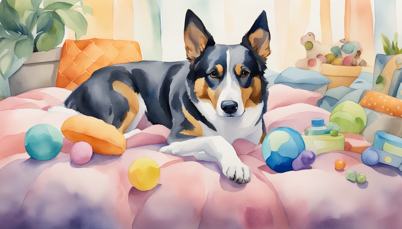 A hyper dog lying on a soft bed, surrounded by calming scents and toys, with soothing music playing in the background