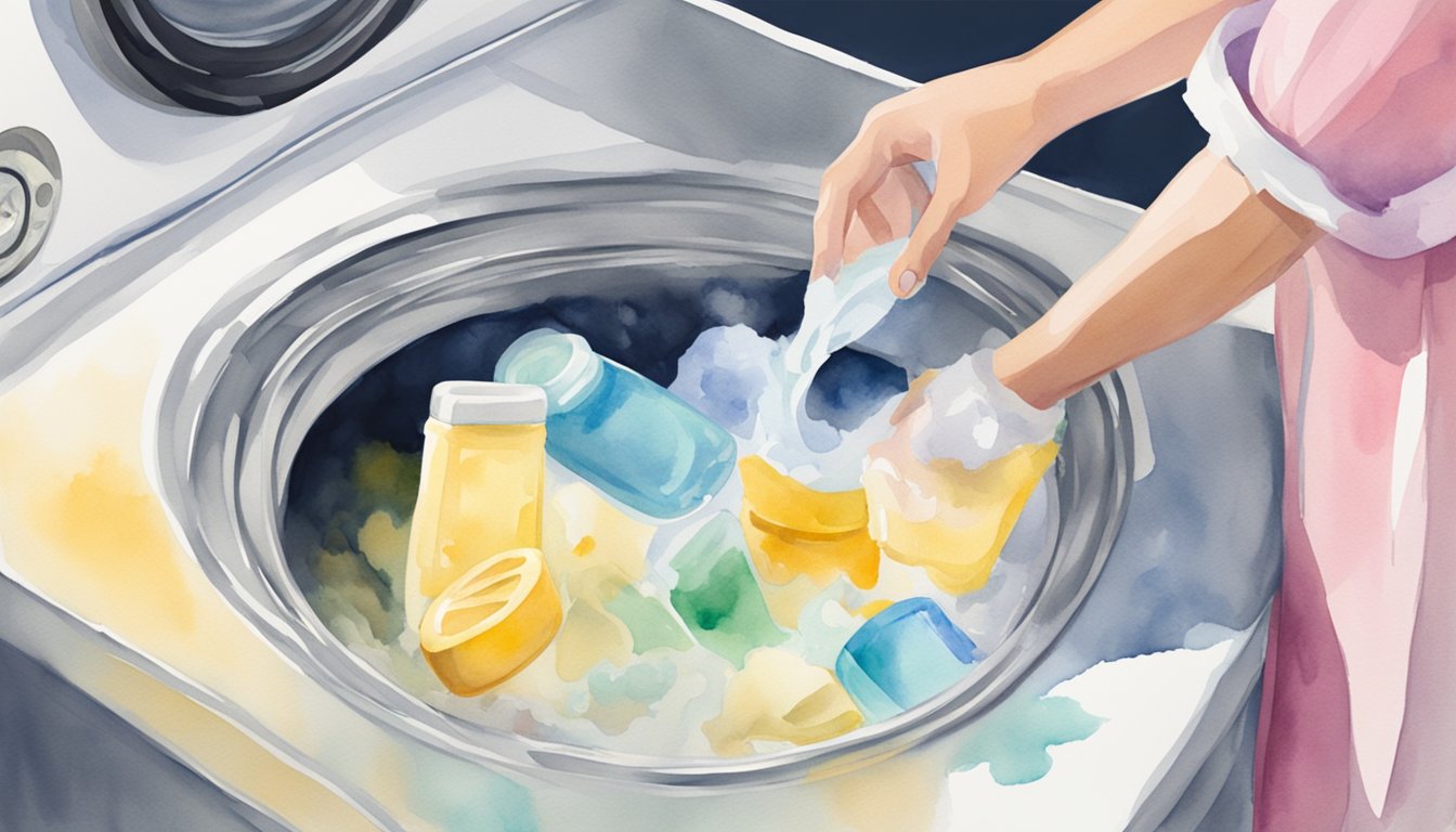 A hand pours gentle detergent into a washer with delicate clothes, following practical laundry care tips