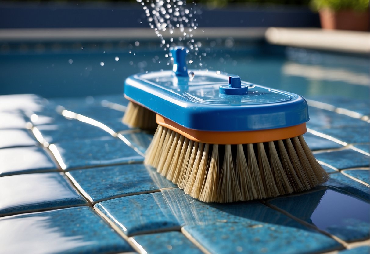 A pool brush sweeps across the blue mosaic tiles, dislodging dirt and debris. A hose sprays water, rinsing the tiles clean