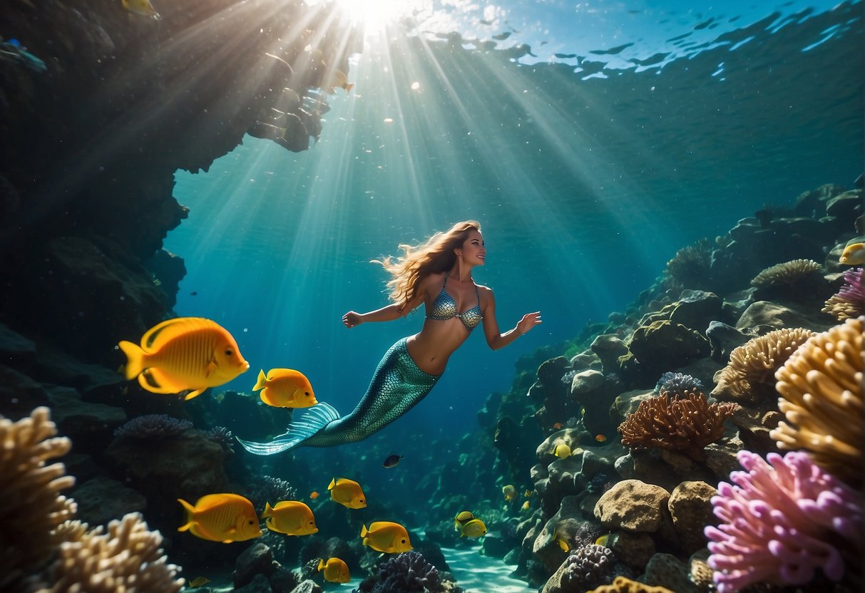 How to Swim Like a Mermaid 2025: My Best 7 Tips 2 A mermaid gracefully glides through crystal-clear waters, her shimmering tail undulating with each powerful stroke. She effortlessly navigates through a vibrant underwater world, surrounded by colorful coral and playful sea creatures