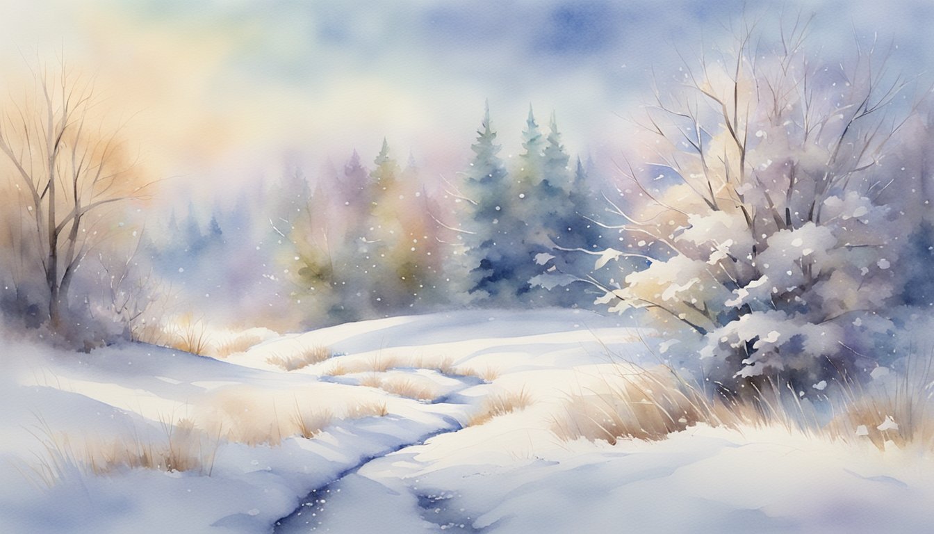 Snowflakes fall gently onto a snow-covered landscape, creating a beautiful winter scene