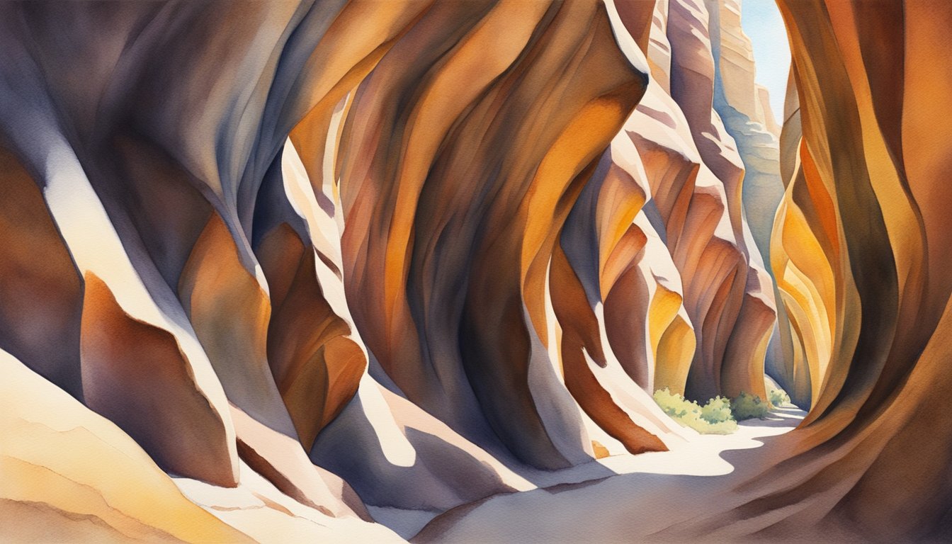 Sunlight filters through narrow sandstone walls, casting dramatic shadows in the twisting slot canyon.</p><p>Layers of rock reveal vibrant colors and intricate patterns