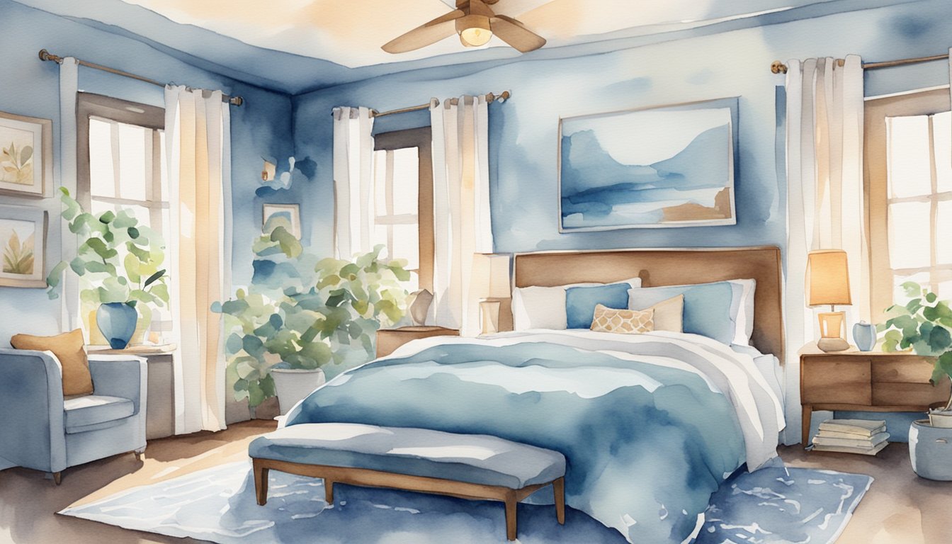 A cozy bedroom with a sound machine emitting soft blue color noise, creating a calming atmosphere for better sleep