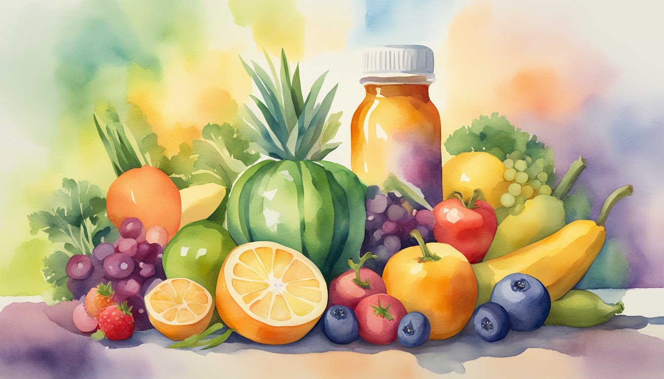 A colorful array of fruits and vegetables surrounding a bottle of organic prenatal vitamins, with a radiant glow emanating from the bottle