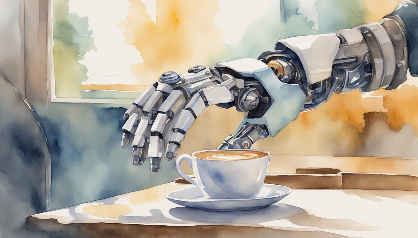 A person with a robotic arm prosthetic effortlessly picks up a cup of coffee while using a smartphone with ease