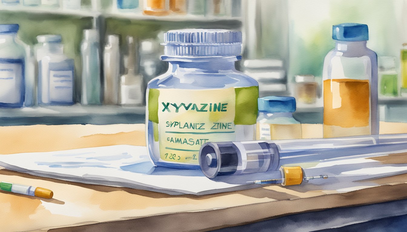 A vial of xylazine sits on a laboratory table, surrounded by medical equipment and scientific instruments.</p><p>The label on the vial is clearly visible, and a syringe is nearby