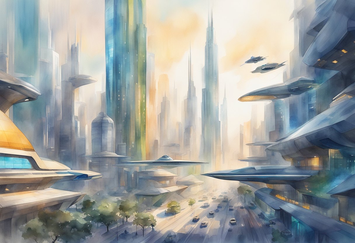 A futuristic city skyline with sleek, advanced buildings and flying vehicles, showcasing the cutting-edge technology of OpenAI