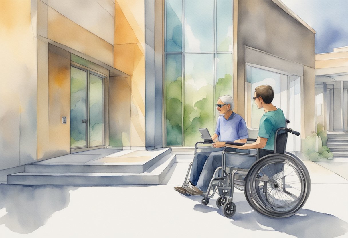 A person using a wheelchair easily accesses a building with a ramp, while another person navigates a touchless entry system