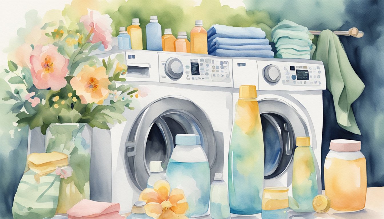 A bottle of best smelling laundry detergent pouring into a washing machine, surrounded by fresh, clean clothes and a hint of floral scent in the air