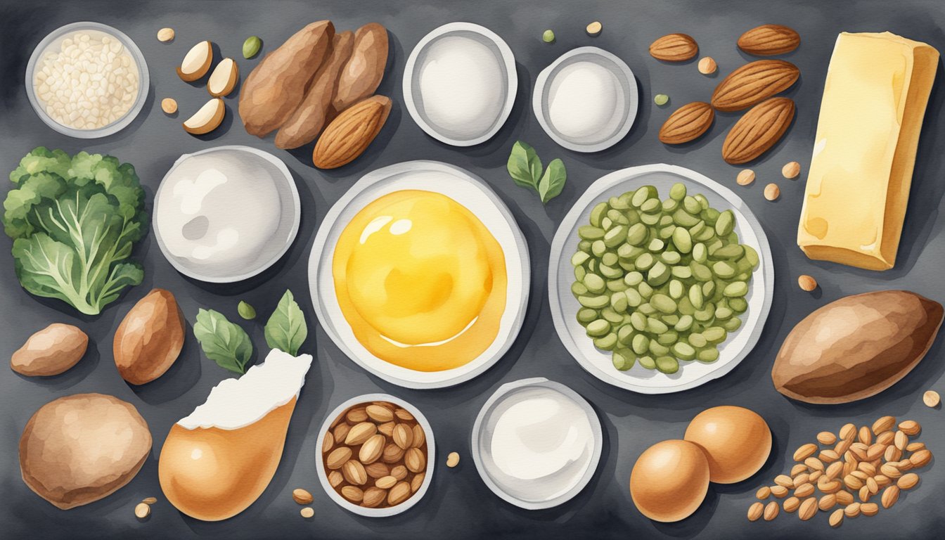 A variety of protein sources such as lean meats, eggs, dairy, legumes, and nuts displayed with their respective calorie counts per gram