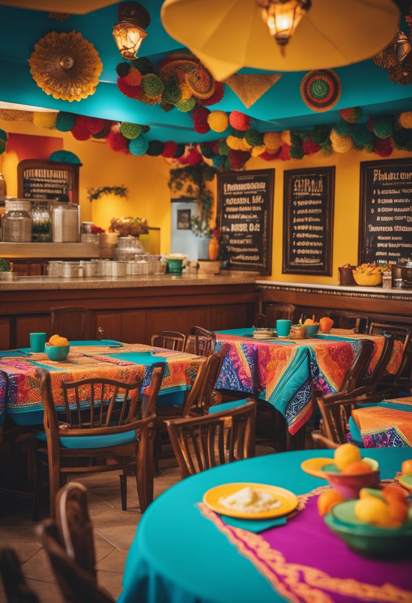 A colorful and lively Mexican restaurant with vibrant decor, traditional artwork, and festive music. Tables are adorned with bright tablecloths and filled with delicious Mexican cuisine