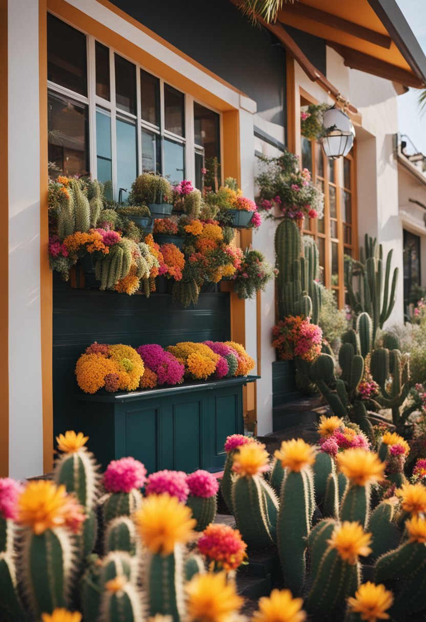 Brightly colored exterior with a festive sign, surrounded by cacti and vibrant flowers. A warm and inviting atmosphere with outdoor seating and lively music