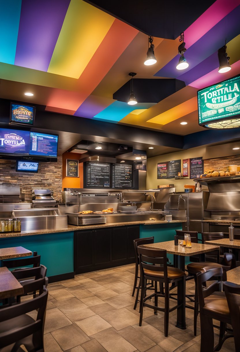 The bustling Fuego Tortilla Grill in Waco, with colorful decor, sizzling grills, and a lively atmosphere