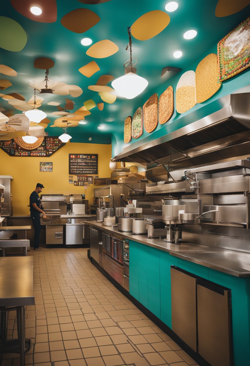 The bustling interior of Jesse's Tortilla Factory in Waco, with colorful decor and the aroma of freshly made Mexican cuisine filling the air