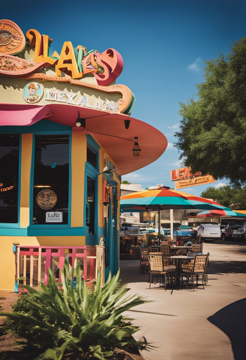The vibrant exterior of Leal's Mexican Restaurant in Waco, with colorful signage and a bustling outdoor patio