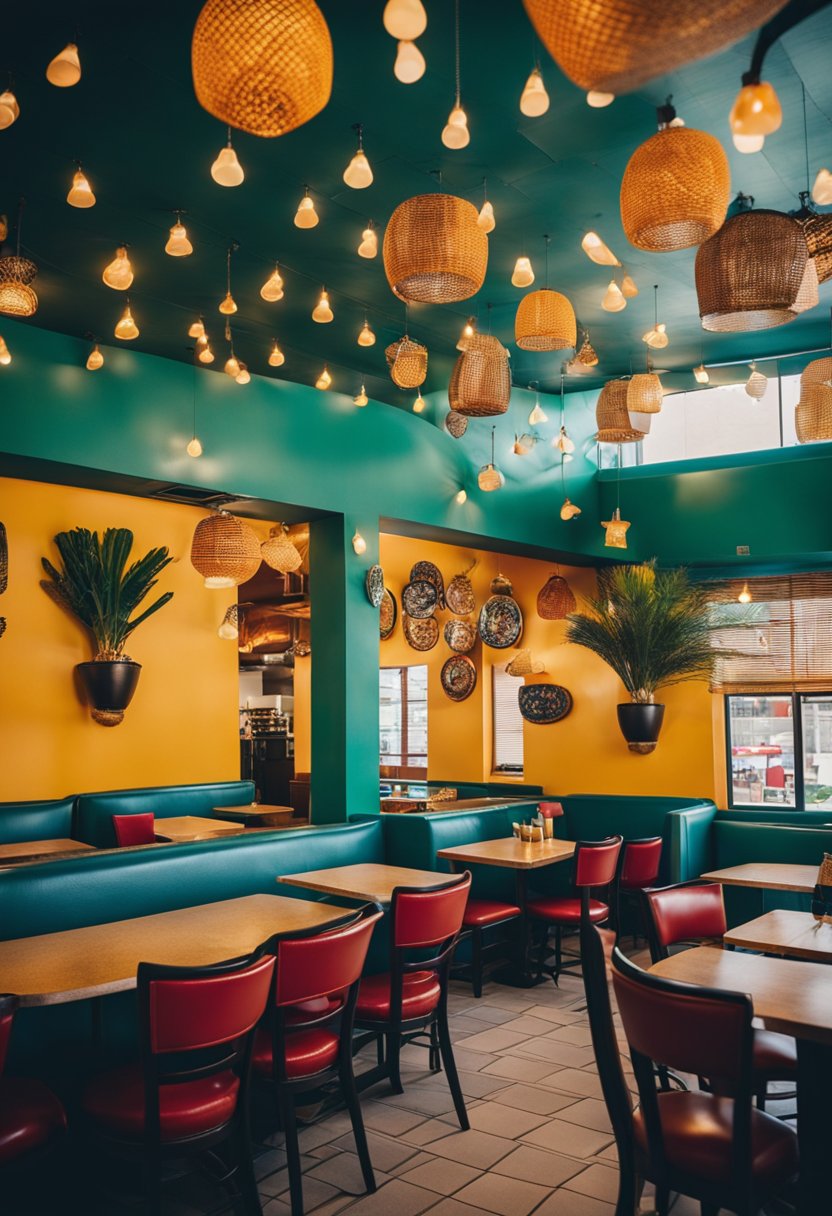 A colorful, bustling Mexican restaurant in Waco, with vibrant decor, sizzling fajitas, and margaritas on every table