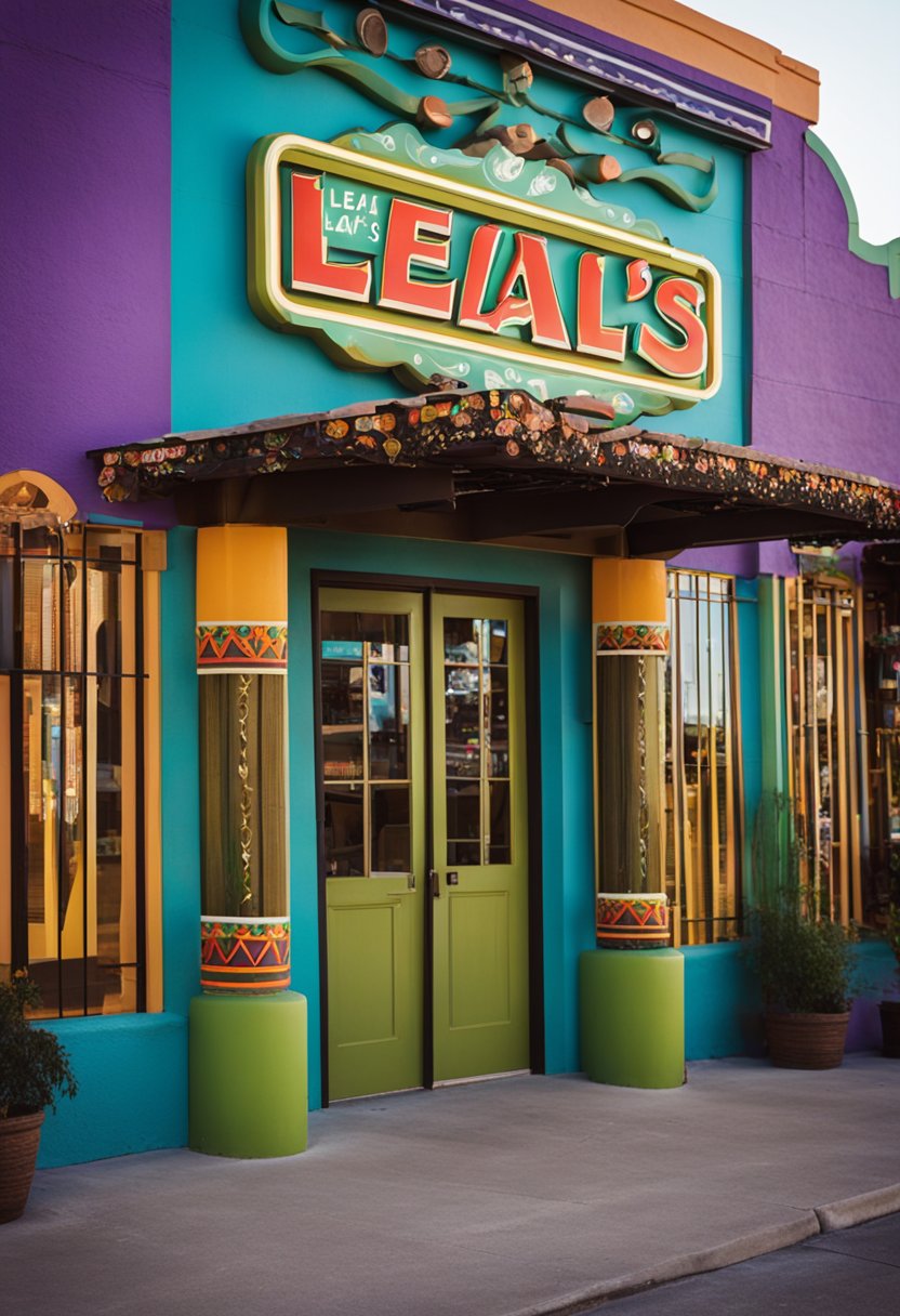 The vibrant exterior of Leal's Mexican Restaurant in Waco, with colorful signage and a bustling atmosphere