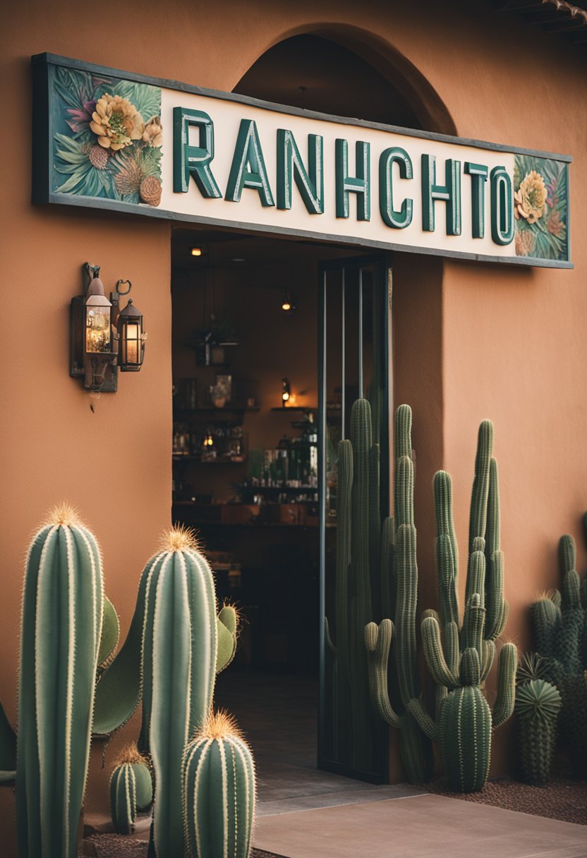 A colorful Mexican restaurant with a rustic exterior, surrounded by cacti and desert plants. A sign reading "The Ranchito 5 Waco" hangs above the entrance