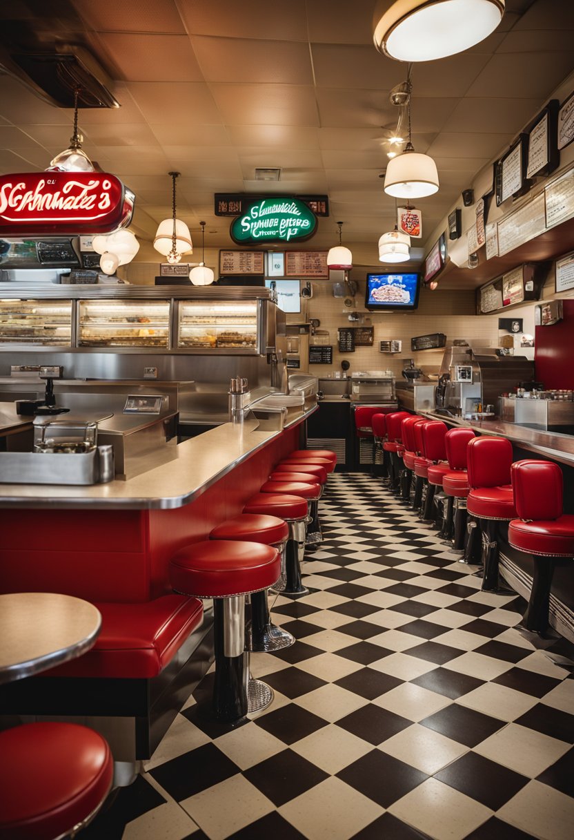 Schmaltz’s Sandwich Shoppe in Waco bustles with customers. The retro-style diner features checkered floors, red vinyl booths, and a long counter with swivel stools. The menu board displays classic sandwich options and a vintage juke