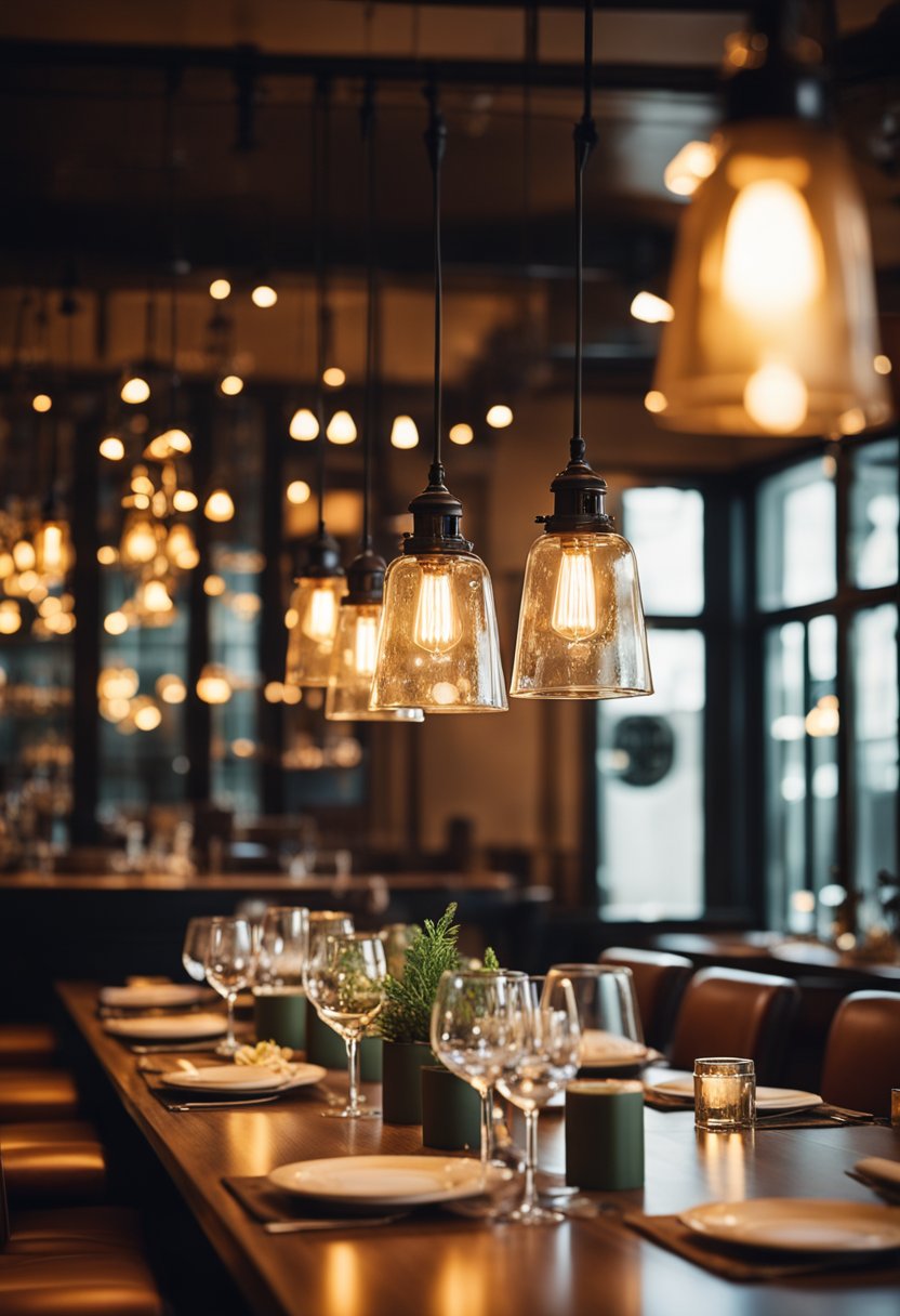 The bustling restaurant buzzes with chatter and clinking glasses as the warm glow of vintage light fixtures illuminates the cozy, rustic interior