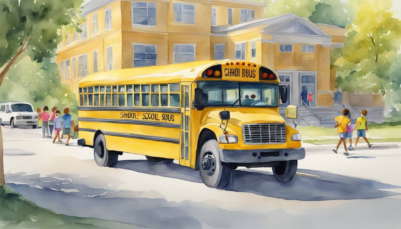 A bright yellow school bus parked in front of a school, with children boarding and a crossing guard nearby for safety