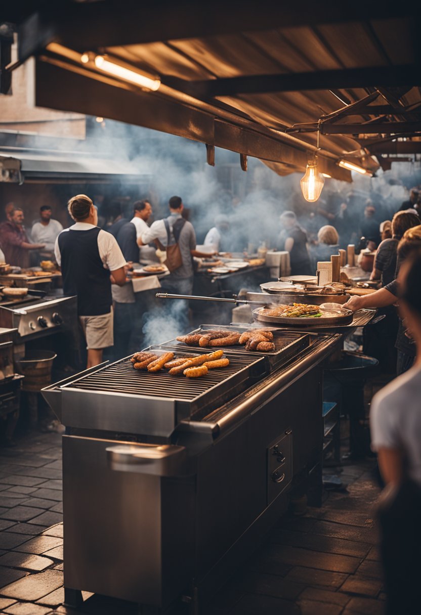 A bustling BBQ joint with a rustic exterior, smoke billowing from the pit, and a line of hungry customers waiting outside