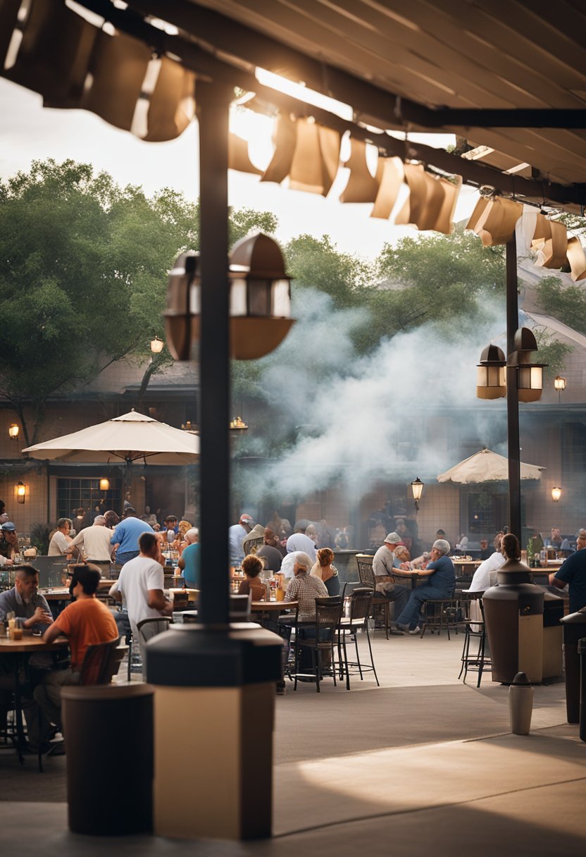 The bustling outdoor patio at Tony DeMaria’s Bar-B-Que Classic Restaurants in Waco, with smoke billowing from the grill and customers enjoying their meals at picnic tables