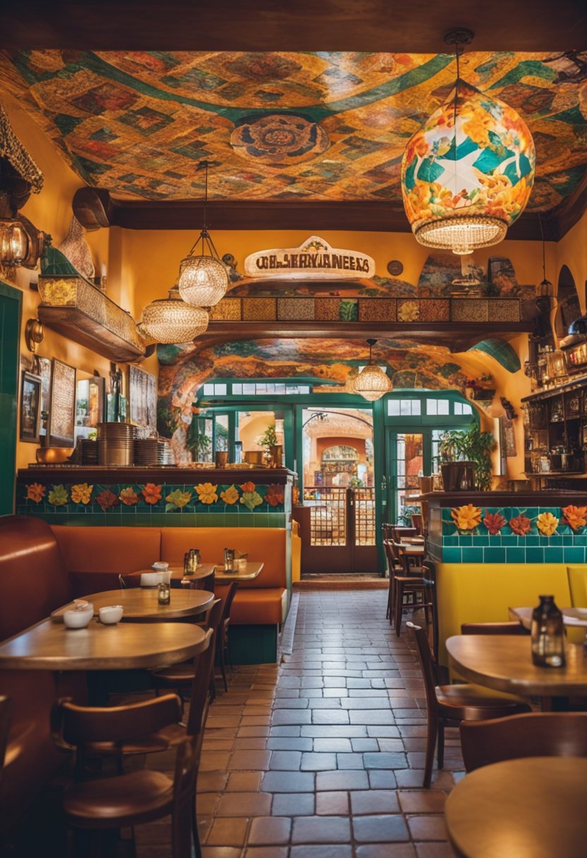 A bustling Mexican restaurant with colorful decor, traditional tiled floors, and vibrant murals depicting scenes of Mexican culture and cuisine