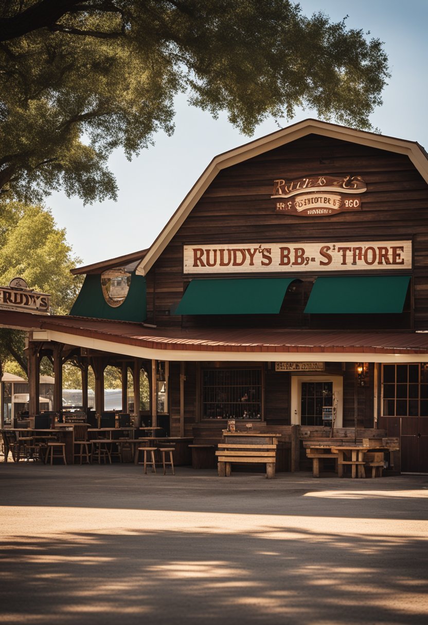 The rustic exterior of Rudy's "Country Store" and Bar-B-Q Classic Restaurants in Waco, with a large outdoor smoker and picnic tables
